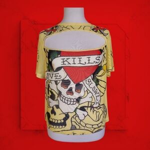 Vintage Ed Hardy NWT Y2K Yellow Mesh “Love Kills Slowly” Tattoo Print Tee 1X
